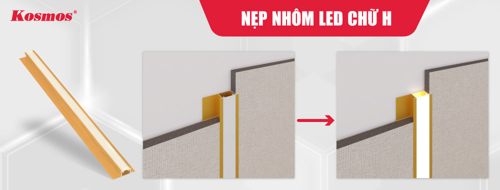 Nẹp nhôm LED H giúp liên kết hai tấm ốp với khe rãnh có thể luồn dây đèn