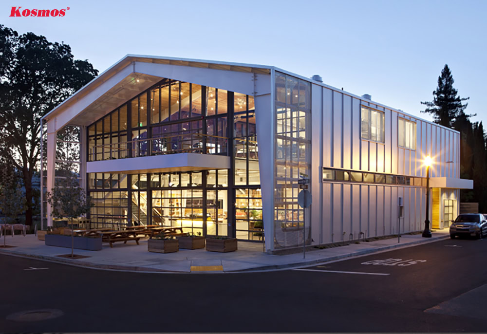 Nhà trưng bày, showroom nhỏ làm từ nhà tiền chế khung thép 2 mái