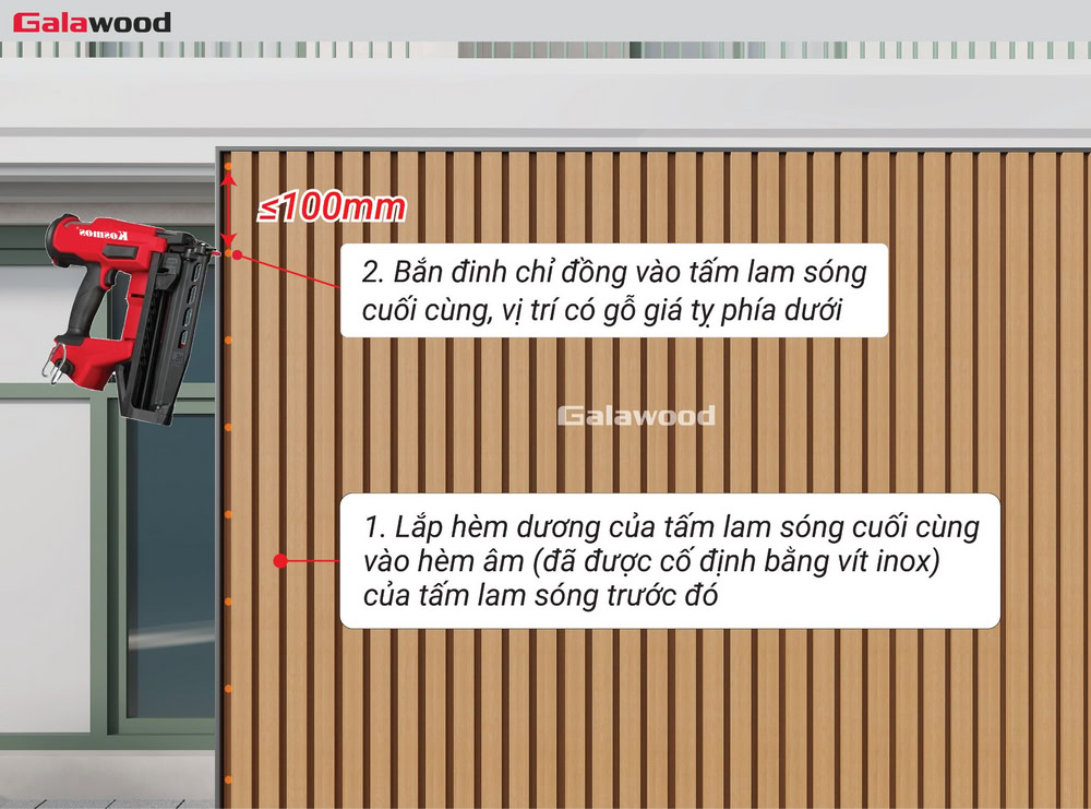 Ốp dọc cổng G-4S219X25: Bắn đinh chỉ đồng vào tấm ốp gỗ nhựa cuối cùng ngay chỗ có khung xương bằng gỗ giá tỵ