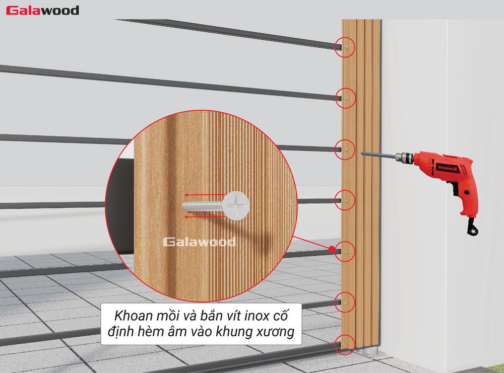 Ốp dọc cổng G-4S219X25: Khoan mồi và bắn vít inox đuôi tè vào hèm âm để cố định tấm ốp lên thanh xương