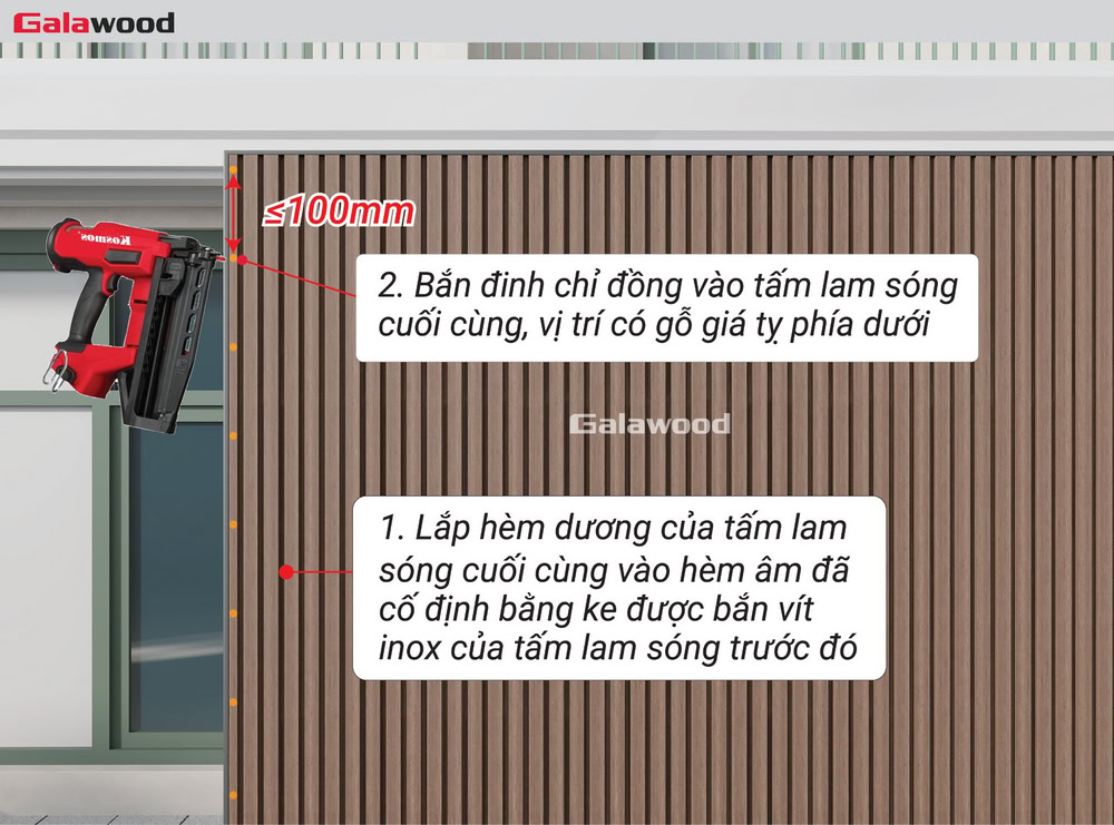 Ốp dọc cổng G-5S190X20: Bắn đinh chỉ đồng vào tấm ốp gỗ nhựa cuối cùng ngay chỗ có khung xương bằng gỗ giá tỵ