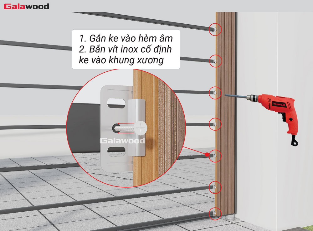 Ốp dọc cổng G-5S190X20: Gắn ke chuyên dụng vào hèm âm và cố định bằng vít ngay tại ke trên thanh xương