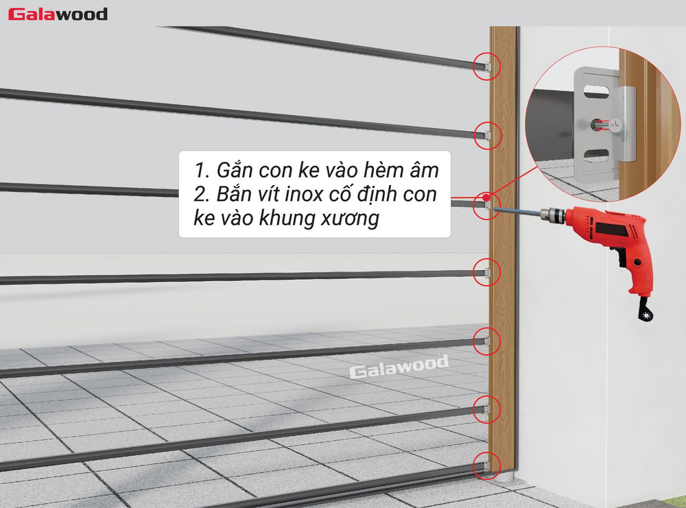 Ốp dọc cổng G-OP112X16: Gắn ke chuyên dụng vào hèm âm và cố định bằng vít ngay tại ke trên thanh xương