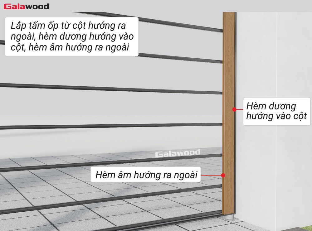 Ốp dọc cổng G-OP112X16: Lắp đặt tấm ốp đầu tiên với hèm dương hướng vào sát mặt tường, hèm âm hướng ra ngoài
