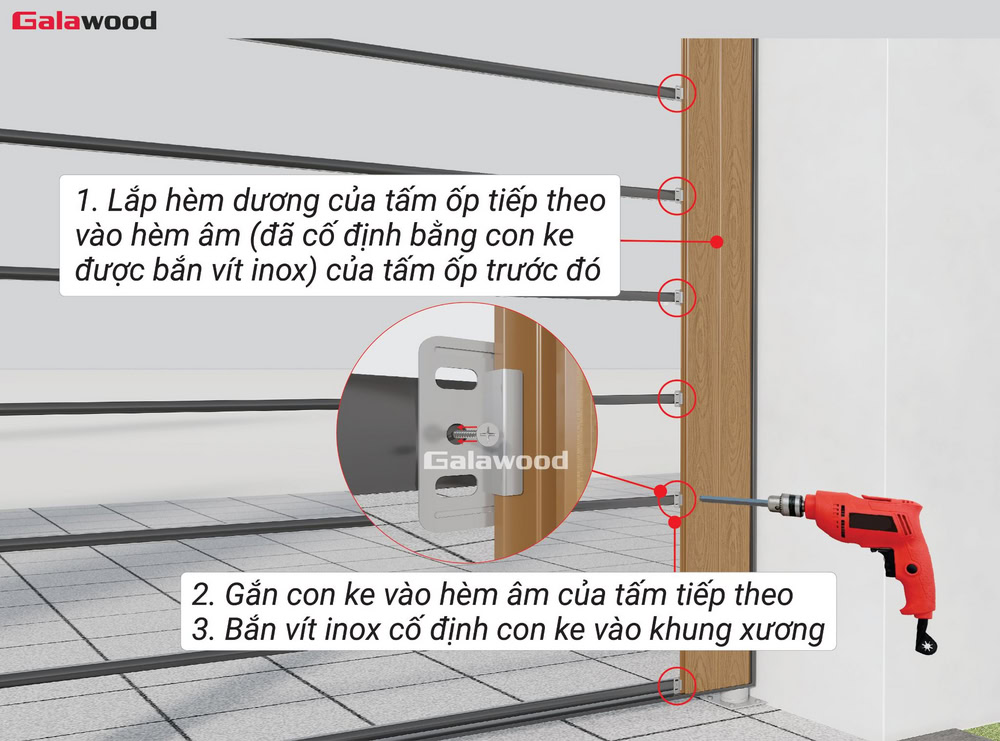 Ốp dọc cổng G-OP112X16: Lắp hèm dương của tấm ốp thứ 2 vào hèm âm của tấm đầu tiên