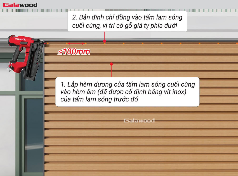 Ốp ngang cổng G-4S219X25: Bắn đinh chỉ đồng vào tấm ốp gỗ nhựa cuối cùng ngay chỗ có khung xương bằng gỗ giá tỵ