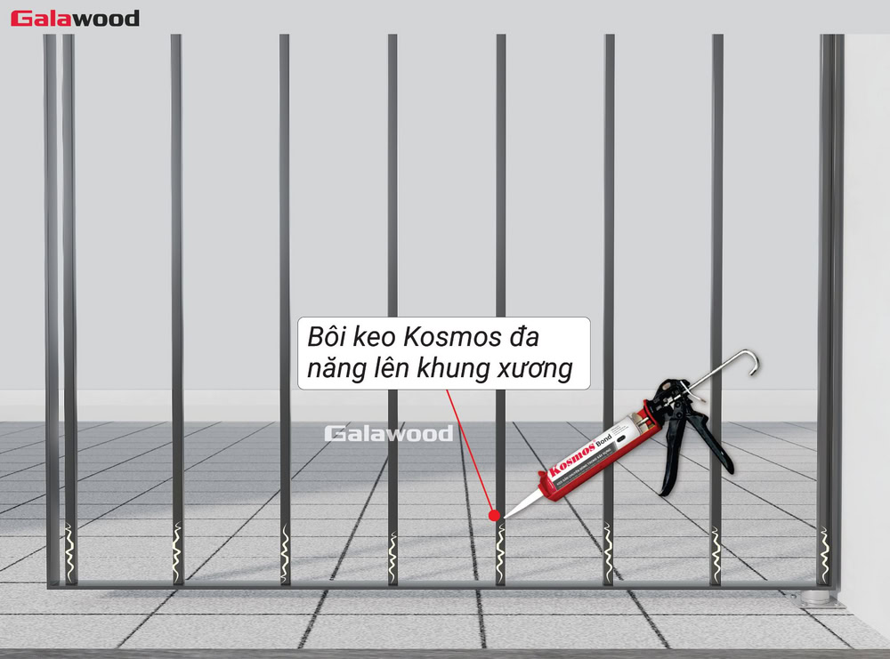 Ốp ngang cổng G-4S219X25 : Bôi keo Kosmos đa năng vào thanh xương