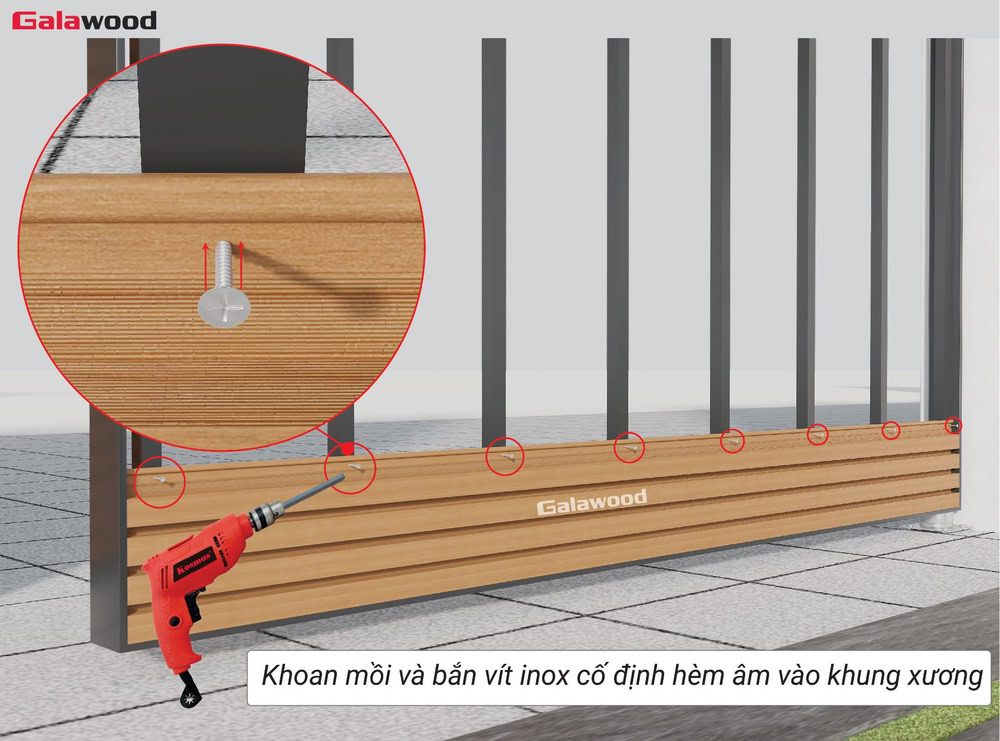 Ốp ngang cổng G-4S219X25: Khoan mồi và bắn vít inox đuôi tè vào hèm âm để cố định tấm ốp lên thanh xương