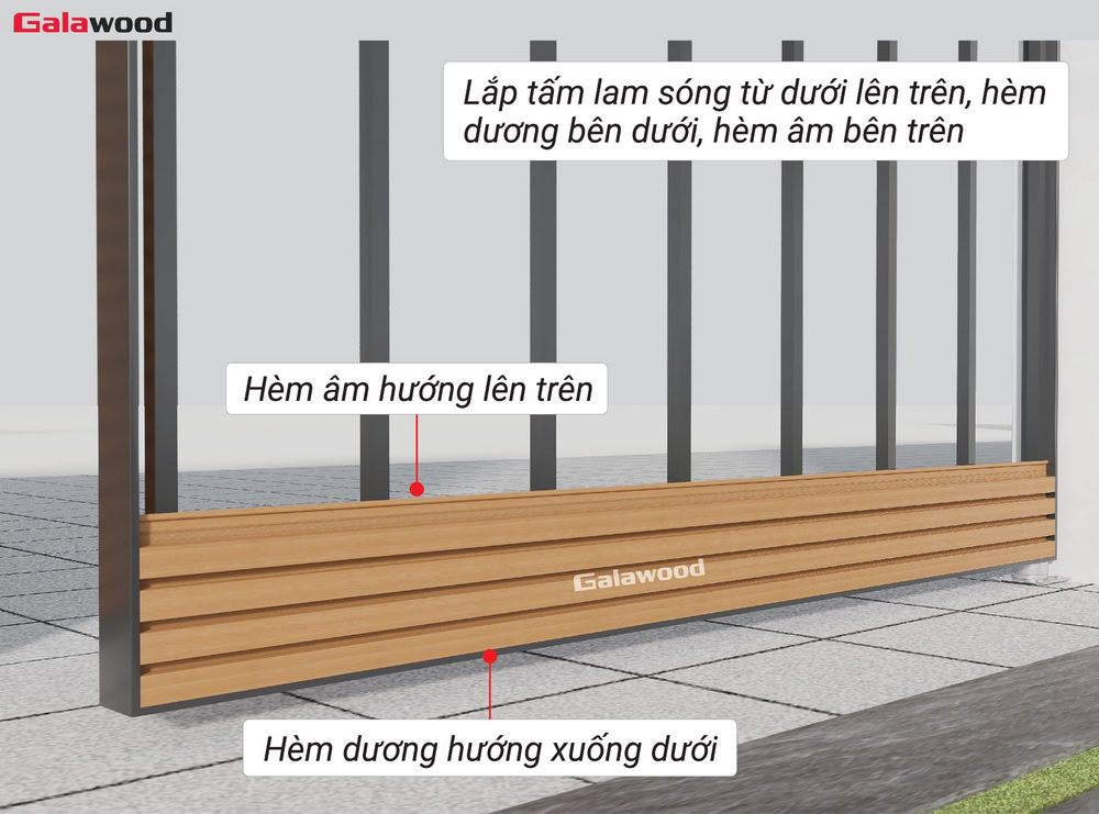 Ốp ngang cổng G-4S219X25: Lắp đặt tấm ốp đầu tiên với hèm dương hướng vào sát mặt tường, hèm âm hướng ra ngoài