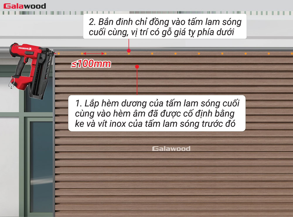 Ốp ngang cổng G-5S190X20: Bắn đinh chỉ đồng vào tấm ốp gỗ nhựa cuối cùng ngay chỗ có khung xương bằng gỗ giá tỵ