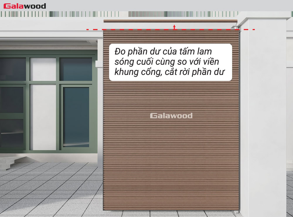 Ốp ngang cổng G-5S190X20: Đo đạc và cắt tấm cuối cùng cho khớp với khung xương