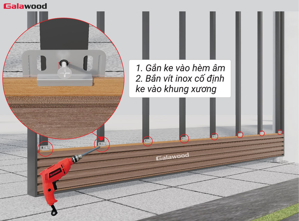 Ốp ngang cổng G-5S190X20: Gắn ke chuyên dụng vào hèm âm và cố định bằng vít ngay tại ke trên thanh xương