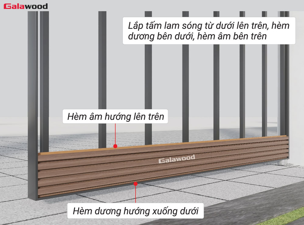 Ốp ngang cổng G-5S190X20: Lắp đặt tấm ốp đầu tiên với hèm dương hướng vào sát mặt tường, hèm âm hướng ra ngoài