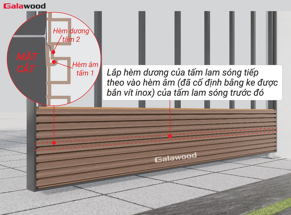 Ốp ngang cổng G-5S190X20: Lắp hèm dương của tấm ốp thứ 2 vào hèm âm của tấm đầu tiên