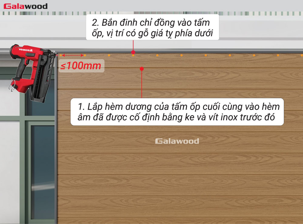 Ốp ngang cổng G-OP112X16: Bắn đinh chỉ đồng vào tấm ốp gỗ nhựa cuối cùng ngay chỗ có khung xương bằng gỗ giá tỵ
