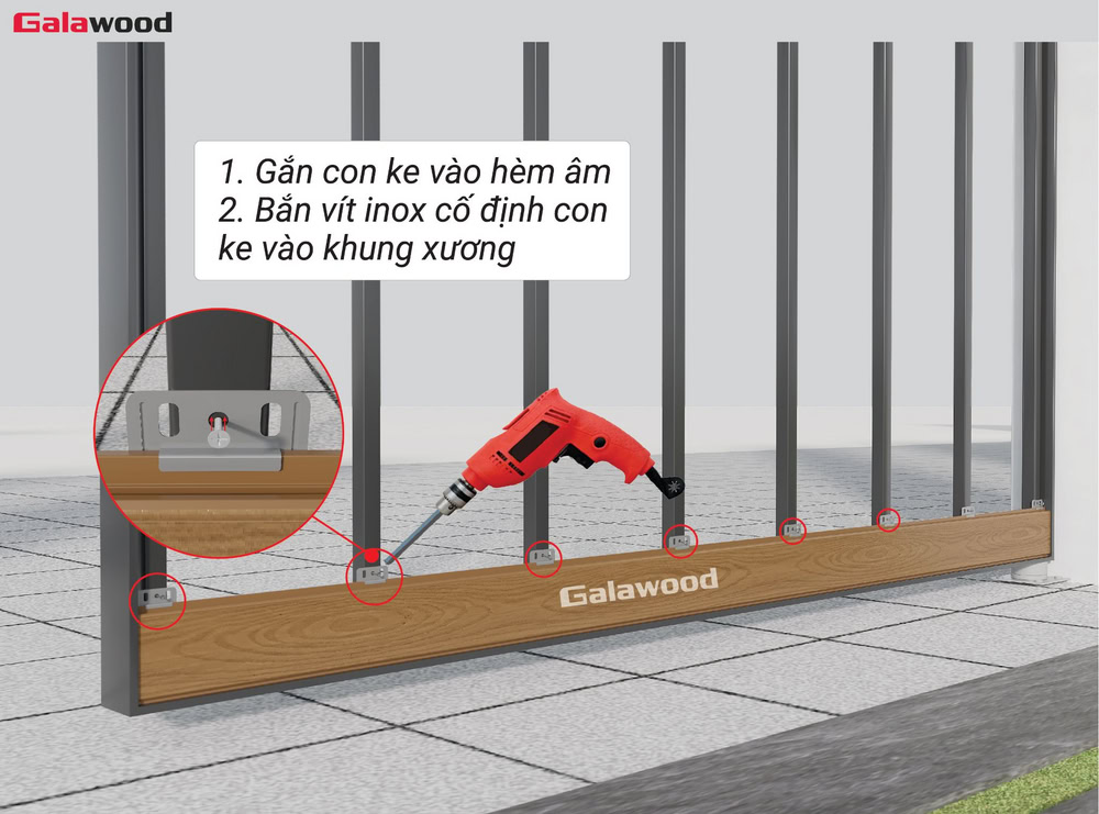 Ốp ngang cổng G-OP112X16: Gắn ke chuyên dụng vào hèm âm và cố định bằng vít ngay tại ke trên thanh xương
