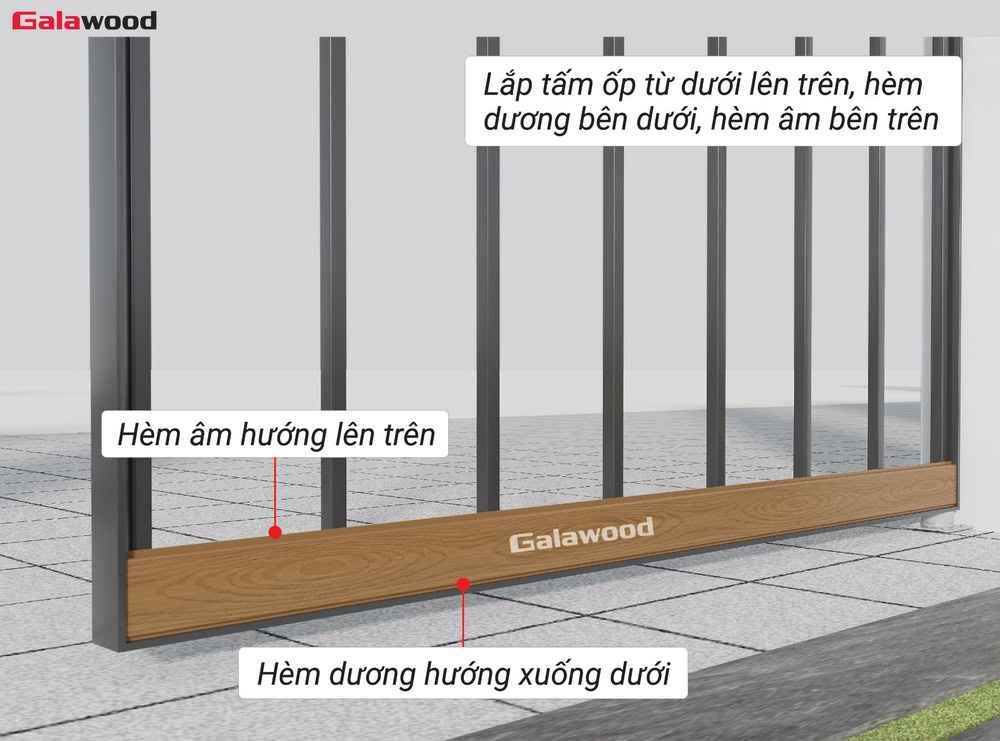 Ốp ngang cổng G-OP112X16: Lắp đặt tấm ốp đầu tiên với hèm dương hướng vào sát mặt tường, hèm âm hướng ra ngoài