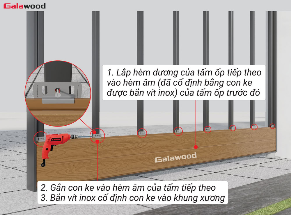 Ốp ngang cổng G-OP112X16: Lắp hèm dương của tấm ốp thứ 2 vào hèm âm của tấm đầu tiên
