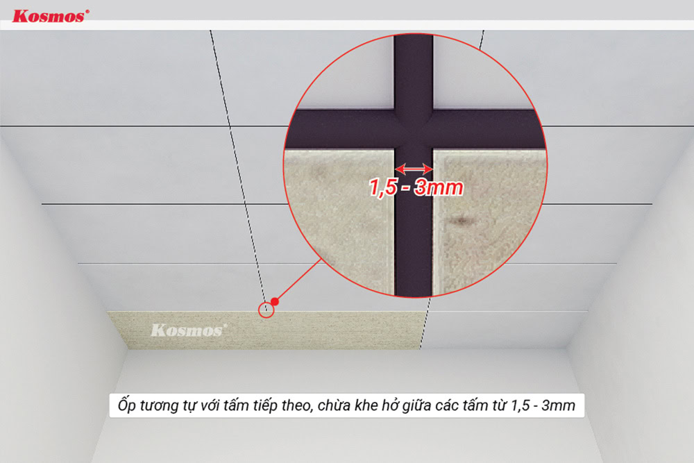 Install the ceiling panels one after the other, leaving a gap of 1,5–3 mm between the panels.