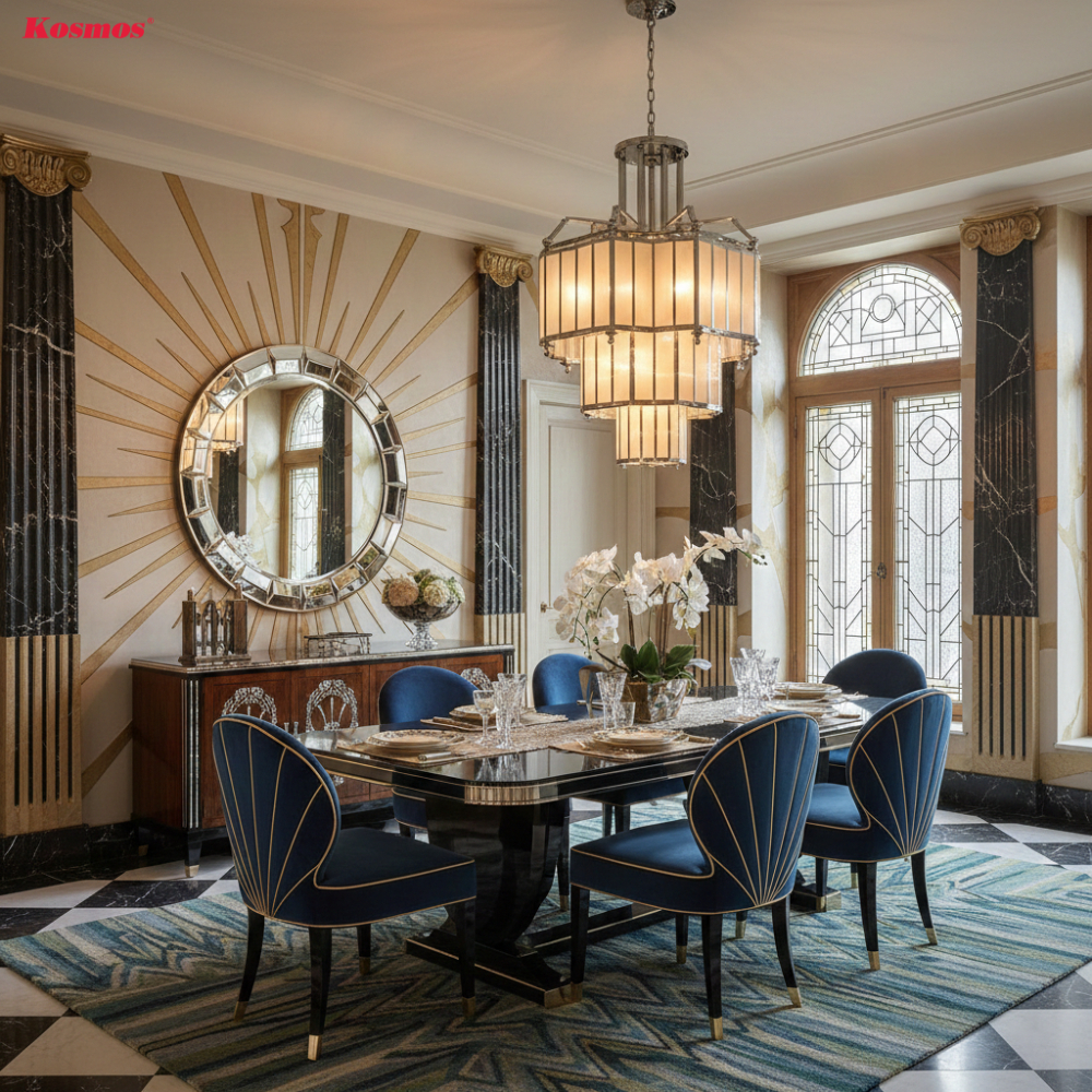 Phòng ăn lộng lẫy với ghế nhung xanh hình rẻ quạt, đèn chùm pha lê và sàn đá caro