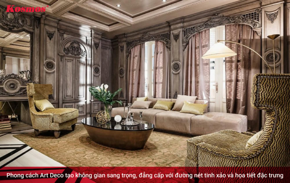 Phong cách Art Deco tạo không gian sang trọng, đẳng cấp với đường nét tinh xảo và họa tiết đặc trưng