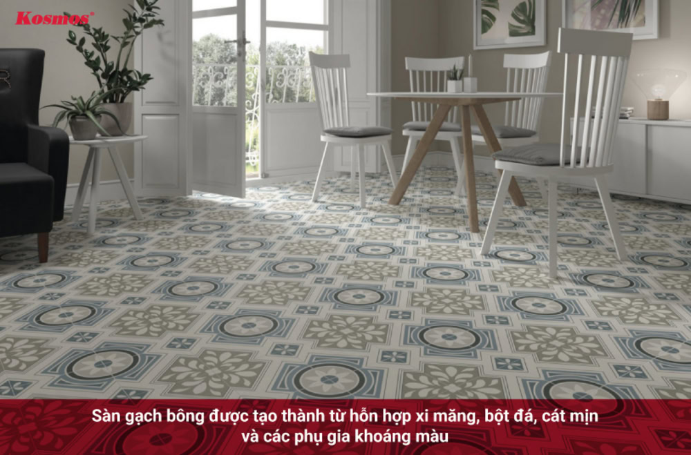 Sàn gạch bông có mẫu mã phù hợp với phong cách nội thất retro, cổ điển