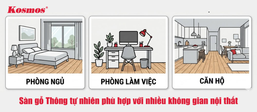 Sàn gỗ Thông tự nhiên phù hợp với nhiều không gian nội thất