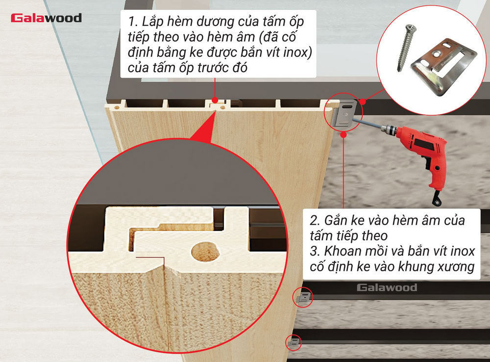 Sau khi bôi keo vào khung xương, lắp hèm dương vào hèm âm tấm ốp ASA lên khung xương dưới mái kính, poly, tôn
