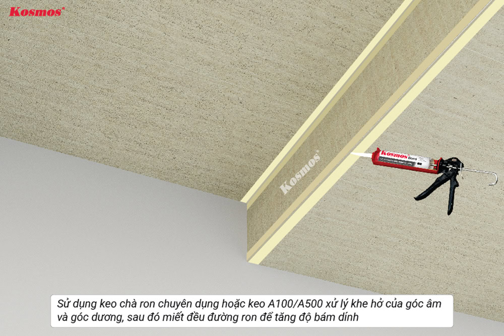 Use specialized grout or A100/A500 sealant to seal gaps at male/female corners.