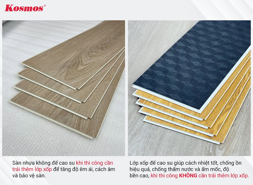 Sự khác biệt giữa sàn nhựa không đế cao su và có đế cao su Sự khác biệt giữa sàn nhựa không đế cao su và có đế cao su