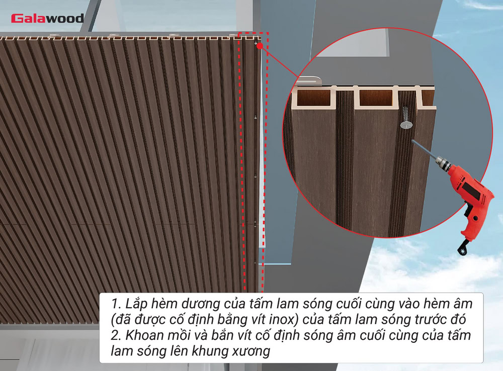 Tấm cuối cùng được đo cắt theo khung xương, bôi keo lên khung và bắn vít cố định vào sóng âm.