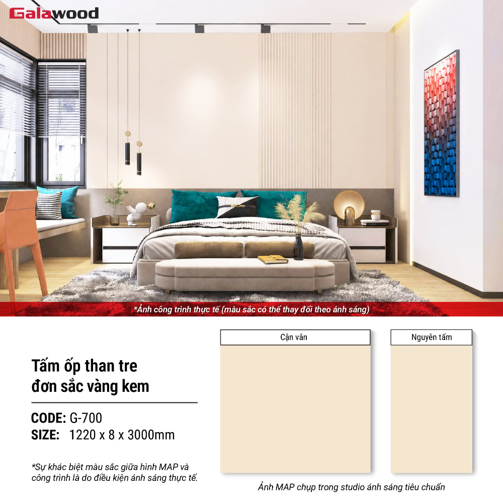 Hình ứng dụng tấm ốp than tre đơn sắc vàng kem G-700 Hình ứng dụng tấm ốp than tre đơn sắc vàng kem G-700