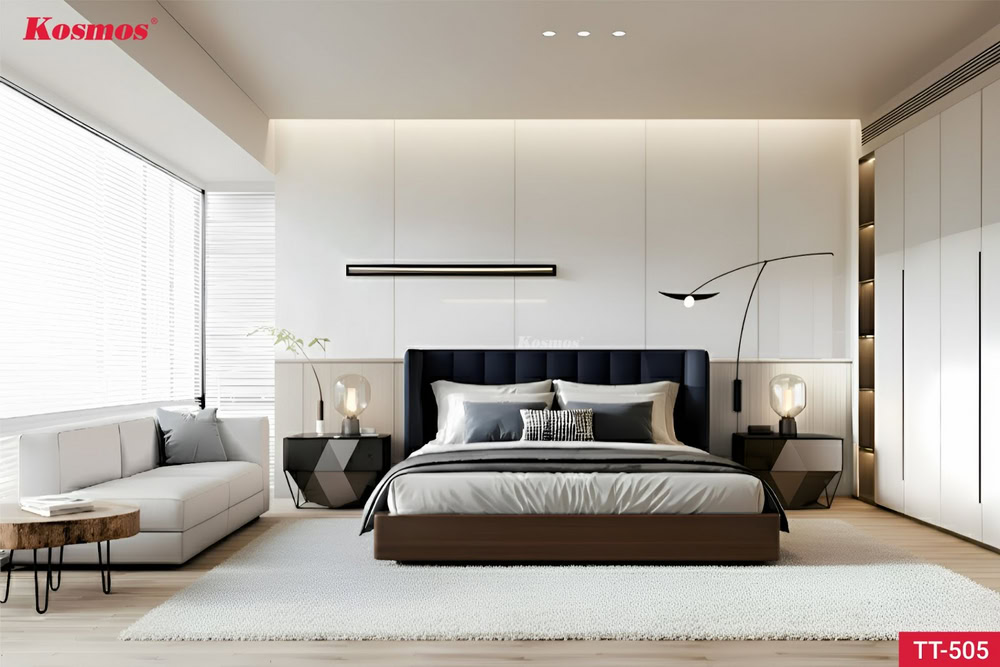 Tấm ốp than tre màu trắng giúp không gian sống thêm rộng rãi, thông thoáng