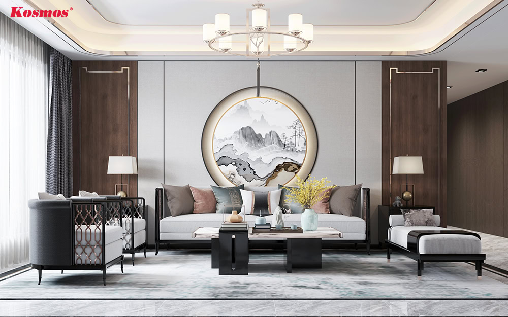 Thiết kế tường phòng khách ốp nẹp trang trí màu đen