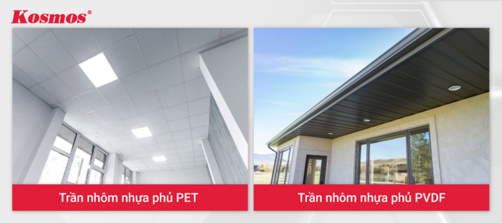Trần alu phủ PET dùng cho nội thất, PVDF dùng cho ngoại thất