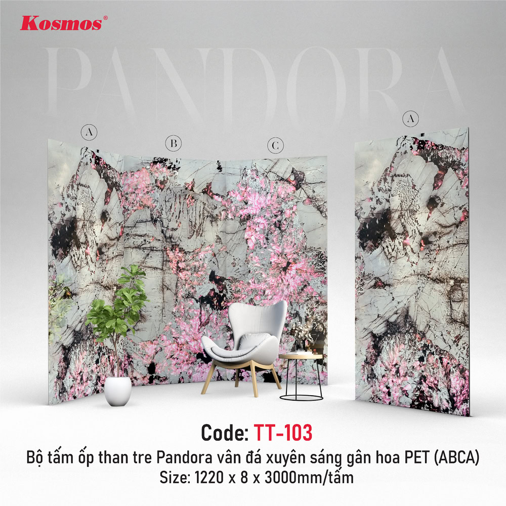 TT-103 là bộ tấm ốp than tre Pandora vân đá xuyên sáng gân hoa