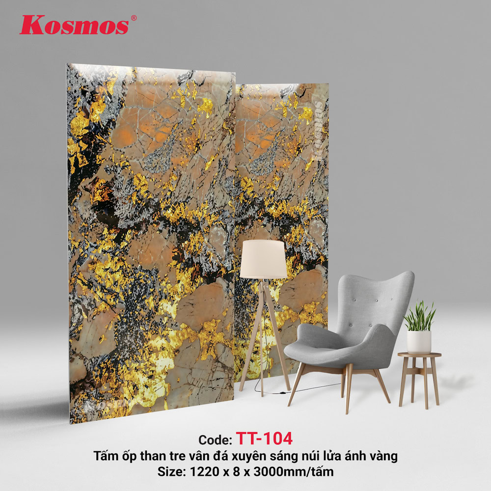 TT-104 là tấm ốp than tre TT-104 vân đá xuyên sáng núi lửa ánh vàng