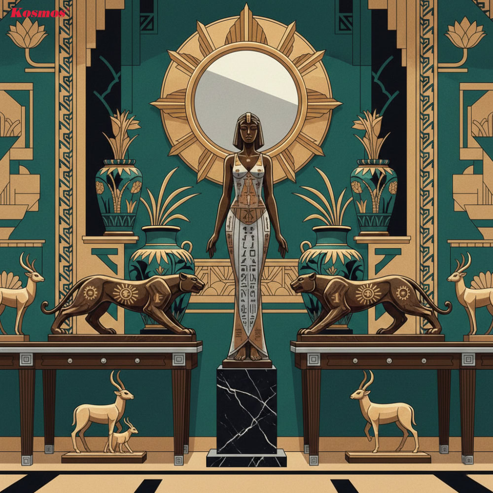 Tượng đồng nữ thần Ai Cập, tượng động vật bình gốm là những phụ kiện dùng để trang trí cho Art Deco Style