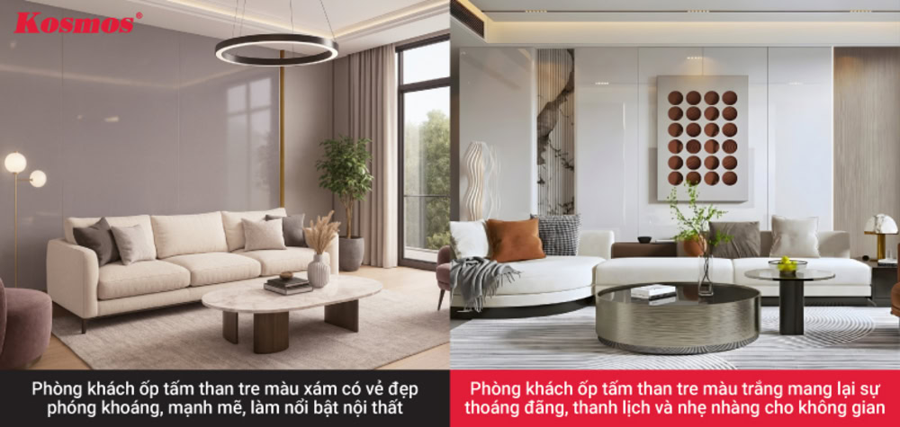 Ứng dụng tấm ốp than tre xám và trắng cho phòng khách