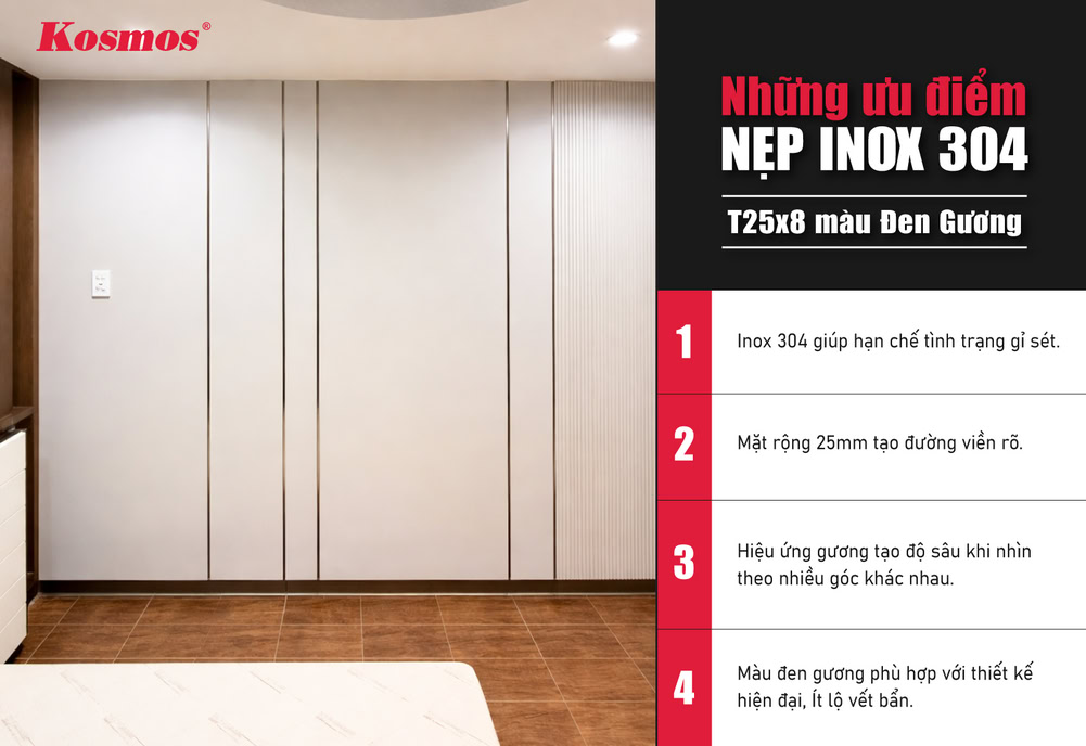 Ưu điểm nẹp T25x8 inox 304 màu đen gương