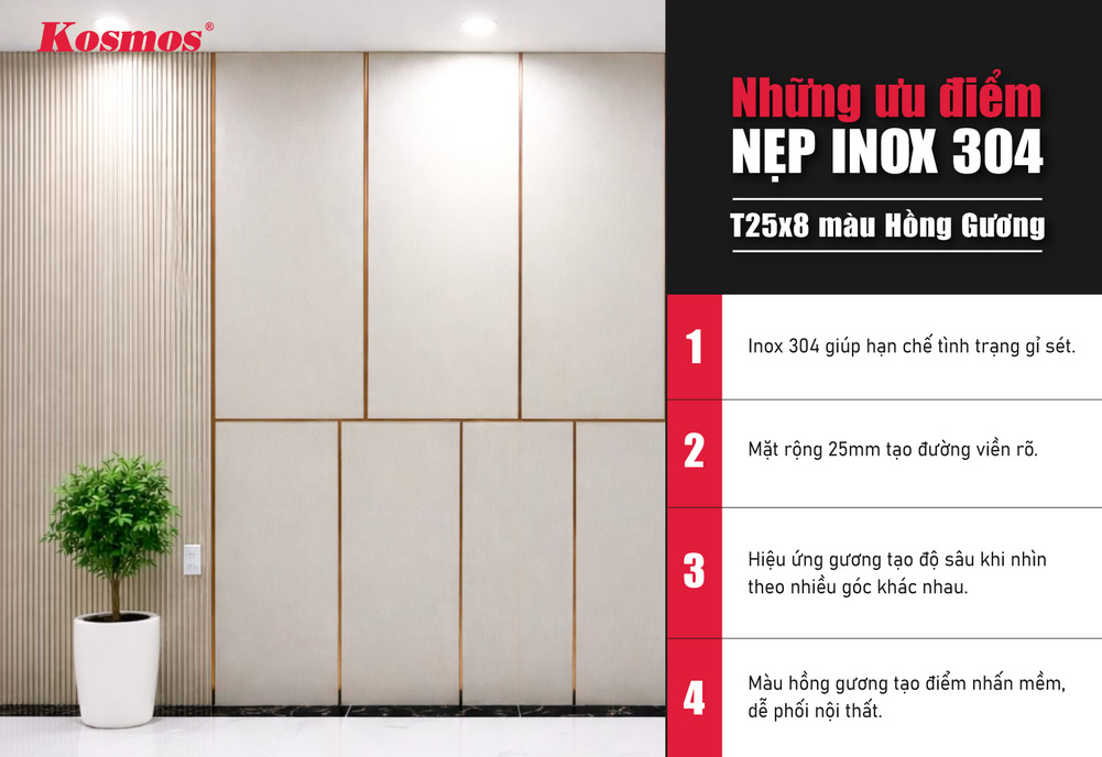 Ưu điểm nẹp T25x8 inox 304 màu hồng gương