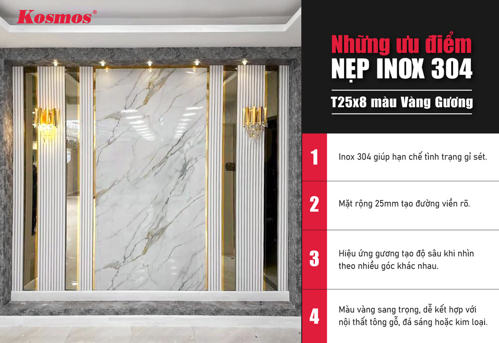 Ưu điểm nẹp T25x8 inox 304 màu vàng gương