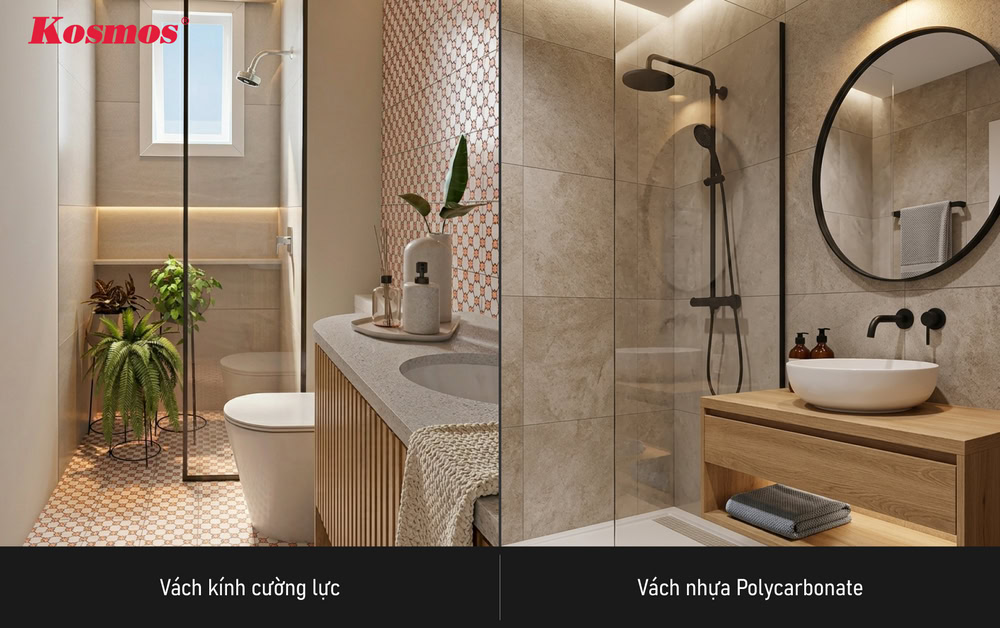 Vách kính cường lực và nhựa poly là 2 dòng vách phù hợp với nhà tắm nhỏ