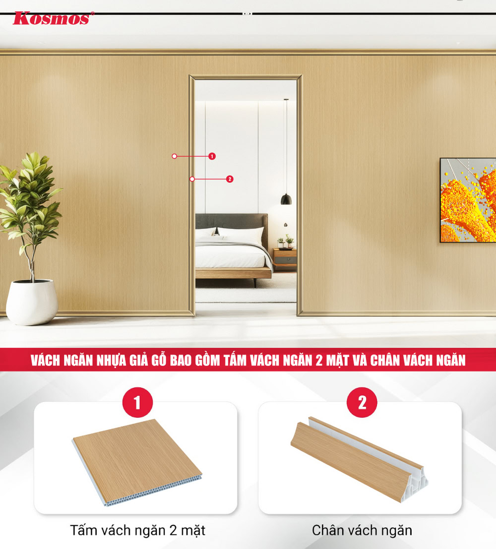 Vách ngăn nhựa giả gỗ bao gồm tấm vách ngăn 2 mặt và chân vách