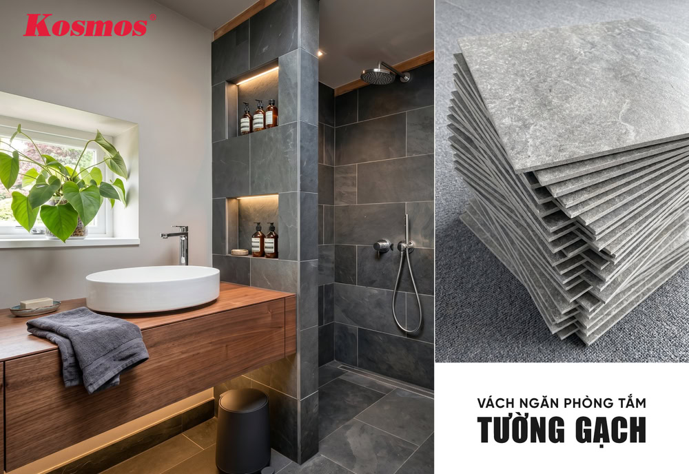 Vách tường gạch ngăn phòng tắm duy trì cấu trúc ổn định qua nhiều năm sử dụng