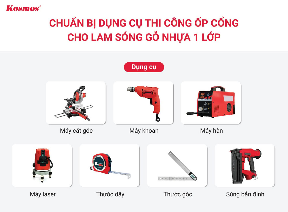 7 dụng cụ thi công ốp cổng lam sóng gỗ nhựa 1 lớp