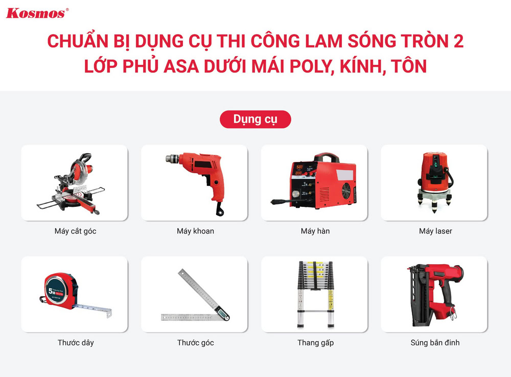 8 dụng cụ thi công ốp trần cho lam sóng gỗ nhựa 2 lớp phủ ASA dưới mái poly, kính, tôn