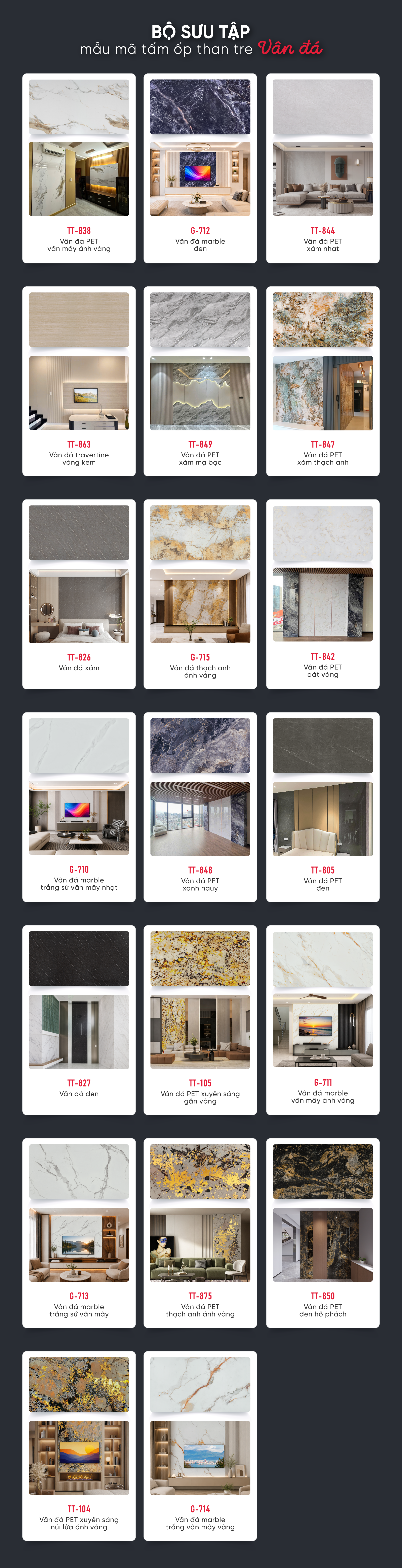 Bộ bề mặt màu sắc tấm ốp than tre vân đá