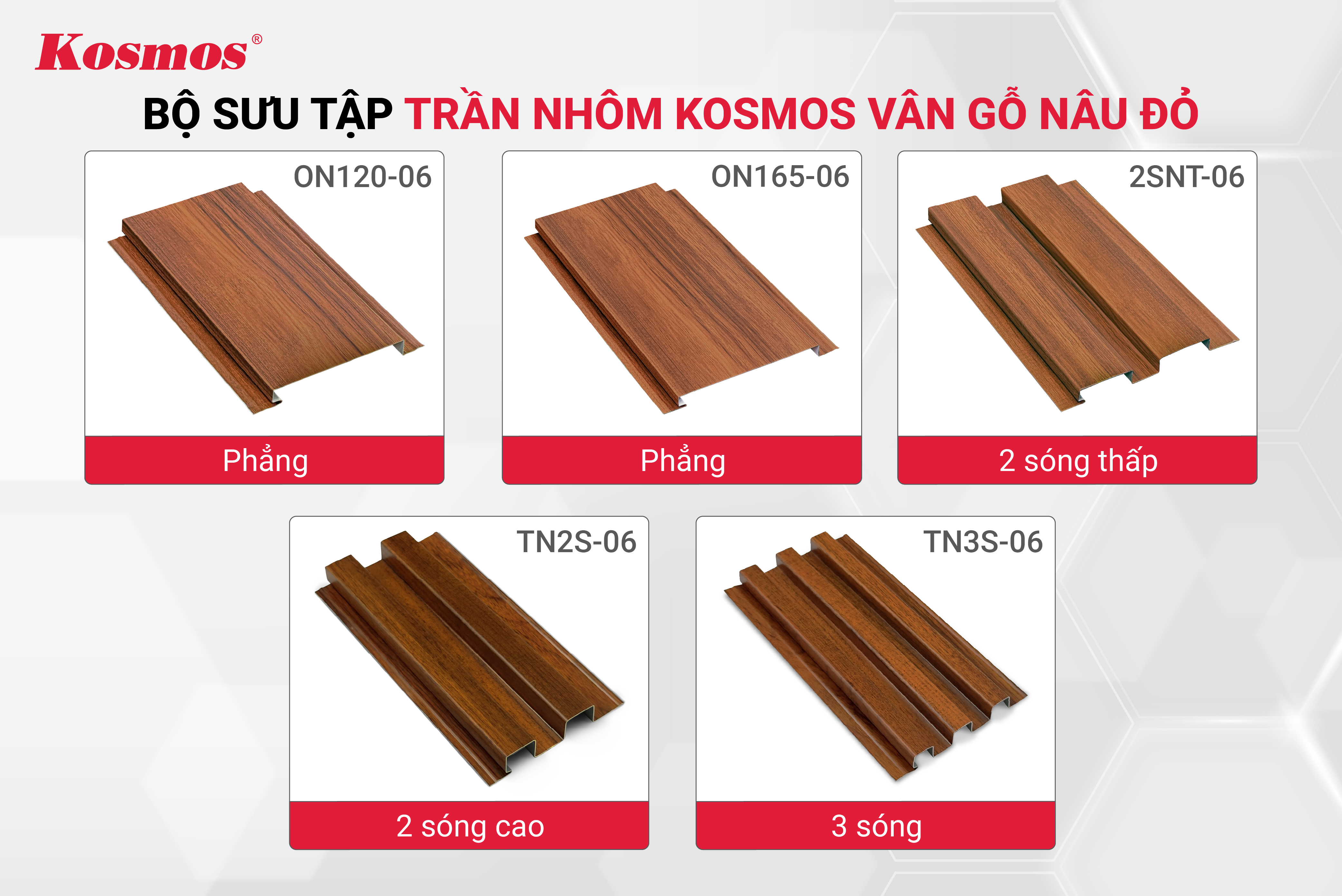 Bộ sưu tập trần nhôm sơn lăn vân gỗ nâu đỏ Kosmos