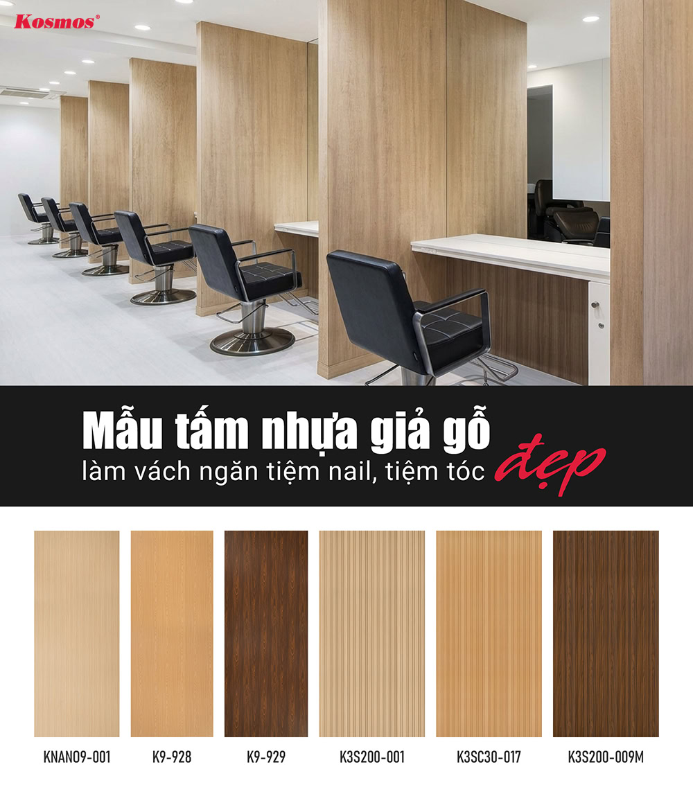 Bộ sưu tập tấm nhựa giả gỗ làm vách ngăn salon nail, tóc đẹp
